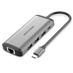 Usb Hubs: Vention Type-C to HDMI/USB3.0*3/RJ45/TF/SD/PD Converter 0.15M Gray Metal Type