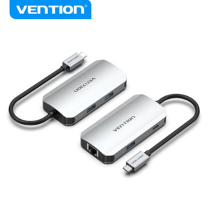 Vention USB-C to USB3.0x3/RJ45/PD Hub 0.15M Gray Aluminum Alloy Type