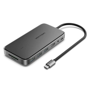 Usb Hubs: Vention USB-C to HDMI/USB 3.1 Gen 2-Ax2/USB 2.0/M.2 NGFF/SD/TF/PD/DC 3.5mm SSD Enclosure Docking Station 0.15M Gray Aluminum Alloy Type