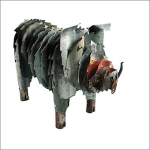 Corrugated iron boar piglet - Aotearoa.co.nz - With tusks