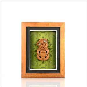 Contemporary Maori art. Framed Maori tiki, kauri. Small. - Aotearoa.co.nz