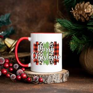 Christmas Drinkware: Merry Christmas Cheetah Plaid Coffee Mug