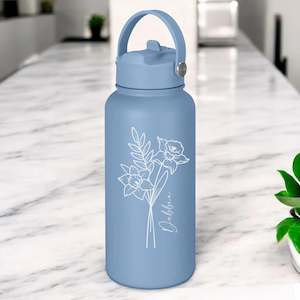 General Gifts For Her: Personalised Engraved 1L Compadre Birth Flower Water Bottle