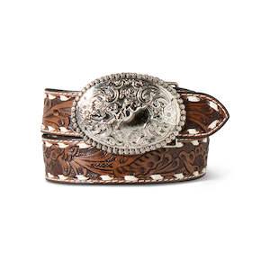 Kids Western: Boy's Hand Tooled Bull Rider Buckle Belt