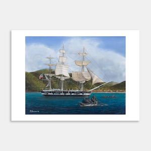 Whaling ship and whaleboat at Jillet’s Whaling Station on Kapiti Island, 1830s…