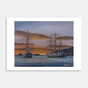 Whaling ships at Kapiti Island, 1830s Art Print By Roly Hermans