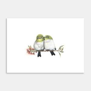 Silver Eye Pair on Branch Art Print By Janine Badger