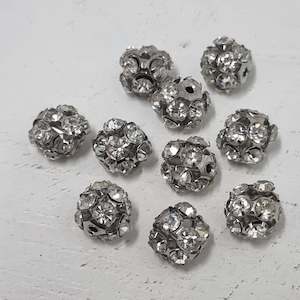 10pc 10mm Silver Rhinestone Ball Beads