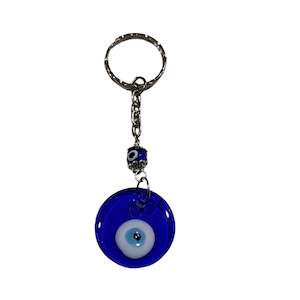 Flat Round Royal Blue Evil Eye Keychain