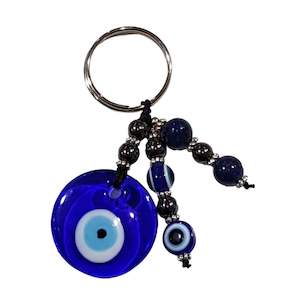 Flat Round Evil Eye Keychain With Lapis Lazuli Beads