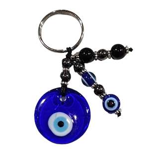 Flat Round Evil Eye Keychain With Obsidian Beads