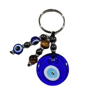 Flat Round Evil Eye Keychain With Tigers Eye Beads