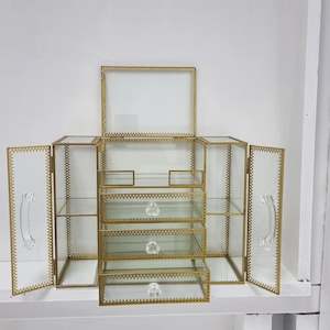 Large Brass Glass Make Up and Jewellery Box