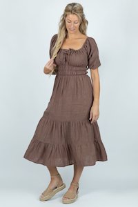 Internet only: Wave Crest Tiered Midi Dress in Brown