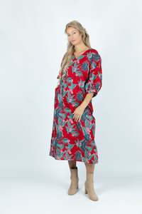 Red Tropical Paradise Casual Linen Dress