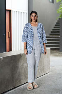 Blue and White Block Printed Cotton Top with Shrug and Pants