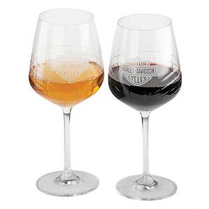 hdl-18816 HARLEY® Crystal Wine Glass Set, Frosted Bar & Shield Logo - Set of Tw…