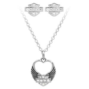 hds0004 HARLEY Womens Winged Heart Necklace & Earrings Gift Set Silver HDS0004