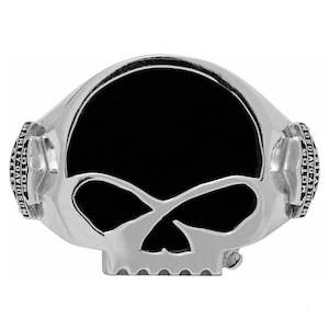 hdr0458 HARLEY Mens Black Onyx Willie G Skull Ring  Sterling Silver HDR0458