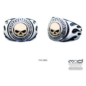 hmr0019 HARLEY® Men`s Signet Ring , Flames Willie G Skull 14kt Gold Inlay HMR0019