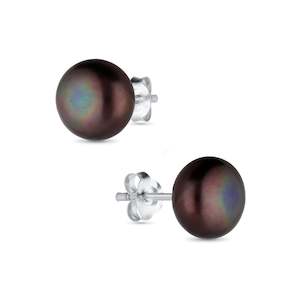 Freshwater Pearls: Sterling Silver AAA Grade  Black Freshwater Pearl Stud Earrings 10 mm