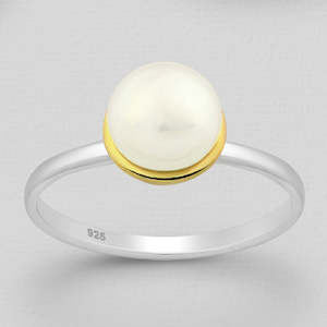 Sterling Silver Ring, Decorated with Freshwater Pearl, Plated with 3 Micron 22K …