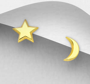 Sterling Silver Star & Moon Stud Earrings Plated with 1 Micron 18K Yellow Gold