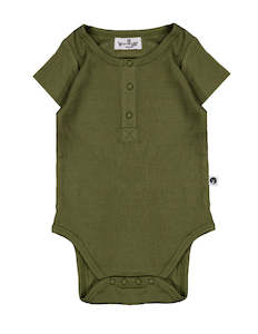 Baby wear: Rib Henley Short Sleeve Bodysuit - Olive