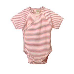 Baby wear: Short Sleeve Kimono Bodysuit - Red Pinstripe