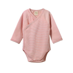 Baby wear: Long Sleeve Kimono Bodysuit - Red Pinstripe