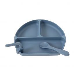 Silicone Plate with Straw & Spoon - Slate Blue