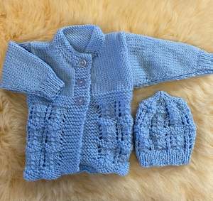 Baby wear: 100% Merino Matinee Jacket & Matching Beanie Set - Blue - PREM SIZE (00000)