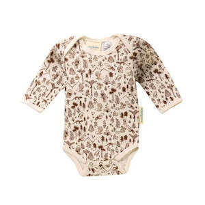 Woolbabe Long Sleeve Bodysuit - Natural Bark Wilderness