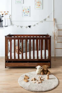 Kapai BETA Wooden Baby Cot Drop Side with Drawer COFFEE