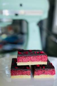 Products: Unbaked Raspberry, Coconut Slice (Vegan, Gluten Free, Low Refined Sugar)