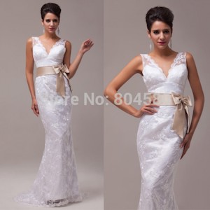 Design Deep V-neck Sexy Stock Floor Length Lace + Satin Bridal Wedding Dress CL3850-1