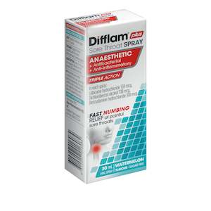 Medicines Treatments: Difflam Plus Sore Throat Spray Anaesthetic + Antibacterial + Anti-Inflammatory Watermelon 225 Sprays 30mL