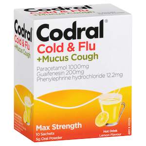 Codral Cold & Flu + Mucus Cough Max Strength Hot Drink Oral Powder Lemon 10 Pack