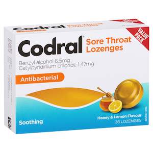 Codral Sore Throat Lozenges Antibacterial Honey & Lemon 36 Pack