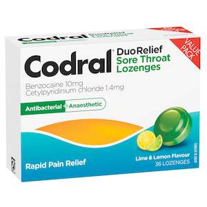 Codral Sore Throat Lozenges Antibacterial + Anaesthetic Lime & Lemon 36 Pack