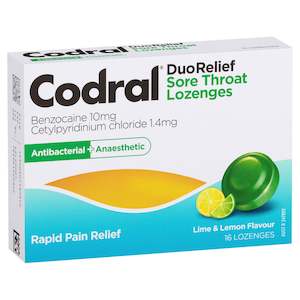 Codral Duo Relief Sore Throat Lozenges Antibacterial + Anaesthetic Lime & Lemon 16 Pack