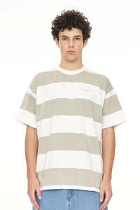 Clothing: HUFFER Stripe Block Tee Moonrock Chalk