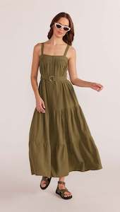 MINKPINK Amara Tiered Midi Dress Khaki