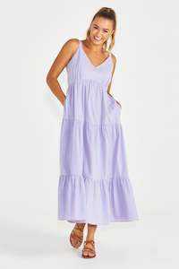 SASS Phillipa Tiered Maxi Dress Blue Pink Stripe