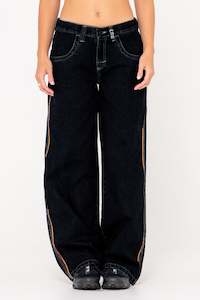 RUSTY Flip Mommy Low Rise Wide Leg Denim Pant Black Out Red Gold