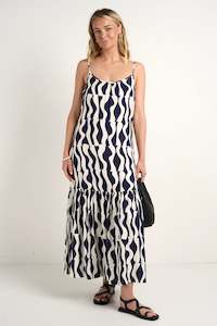 Clothing: AMONG THE BRAVE Relax Strappy Tiered Midi Dress Ink Geo Wave