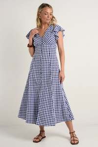 AMONG THE BRAVE Flawless Fluted Sleeve Button Front Midi Dress Navy Gingham