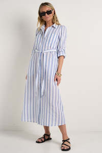 AMONG THE BRAVE Cyprus Ls Shirt Midi Dress Blue Stripe