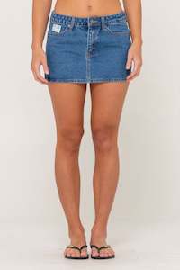 RUSTY Mavericks Low Rise Denim Mini Skirt Middy Blue