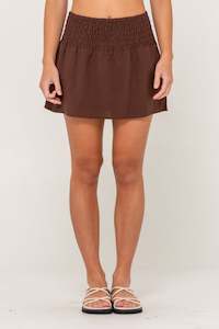 RUSTY Palm Springs Shirred Mini Skirt Java